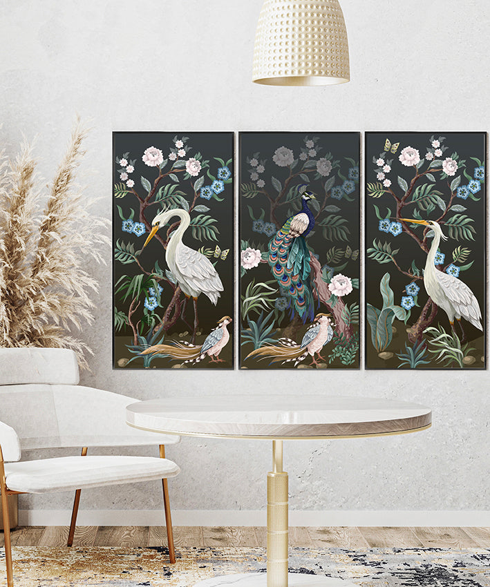 PEACOCK & CRANES, SET OF 3